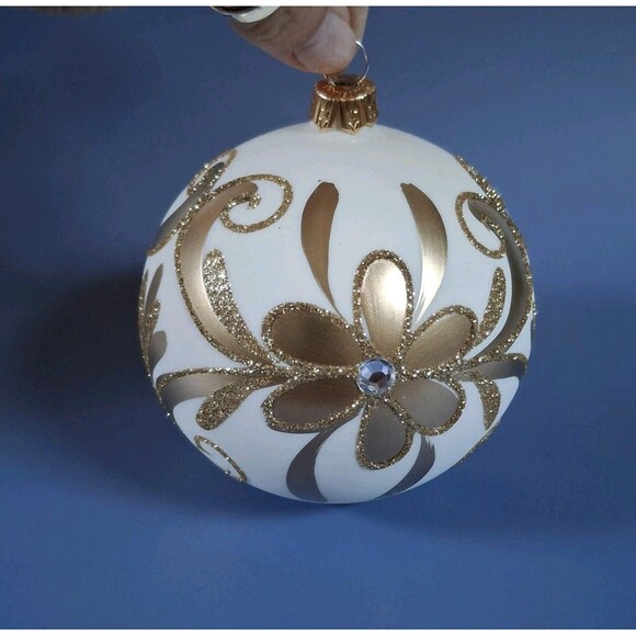 Vitbis Poland Hand Painted Decorated Round Glass Ornament Gold & White NIB NEW - Picture 2 of 3